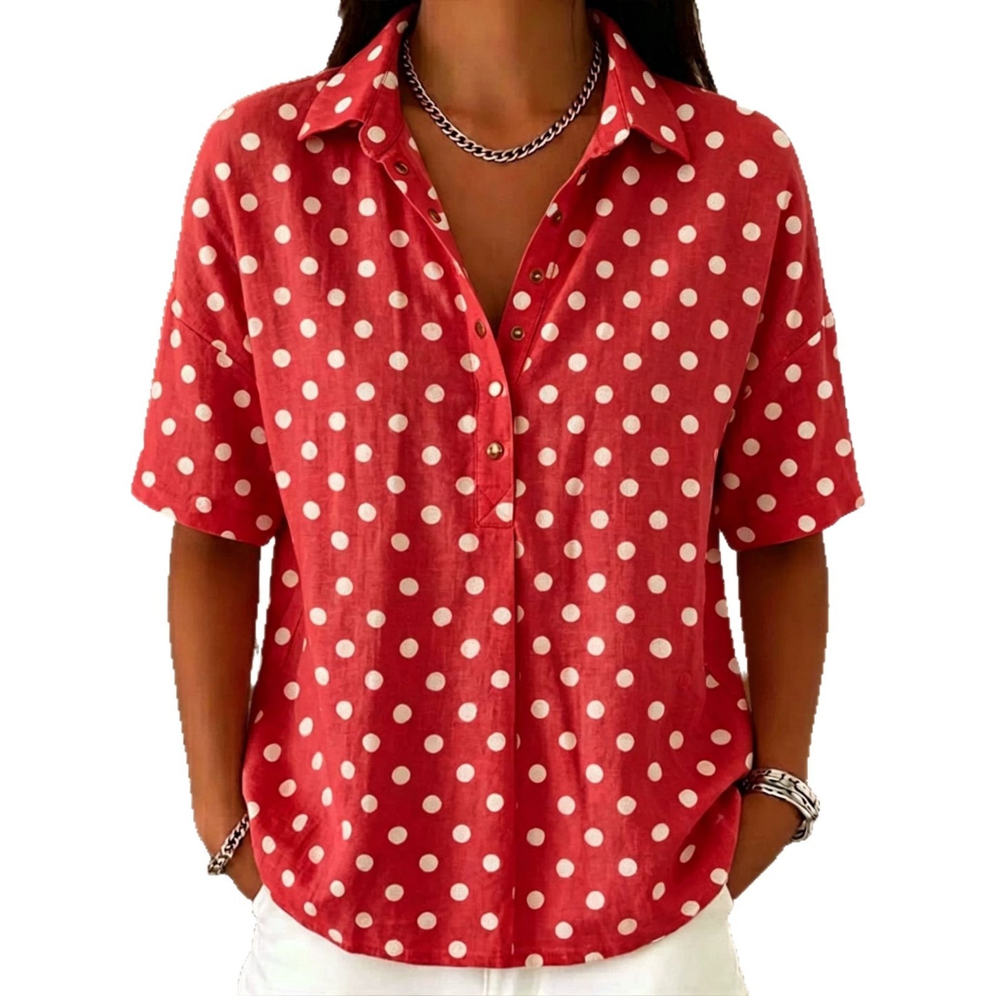 Women's Casual Polka Dot Lapel Shirt Half-open Button Blouse