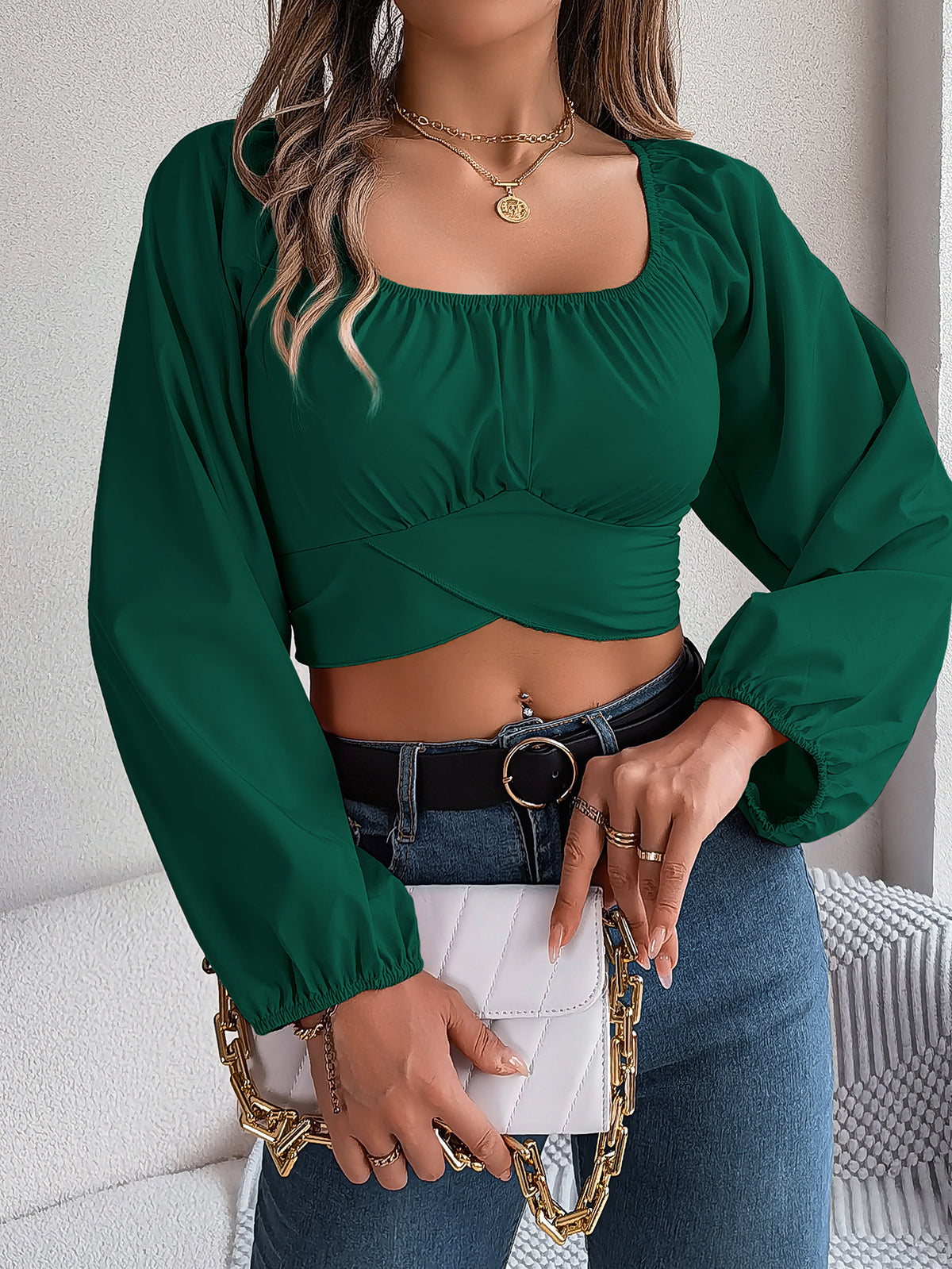 Graceful Women's Casual Lantern Sleeve Waist Lace Shirt, Chiffon Shirt