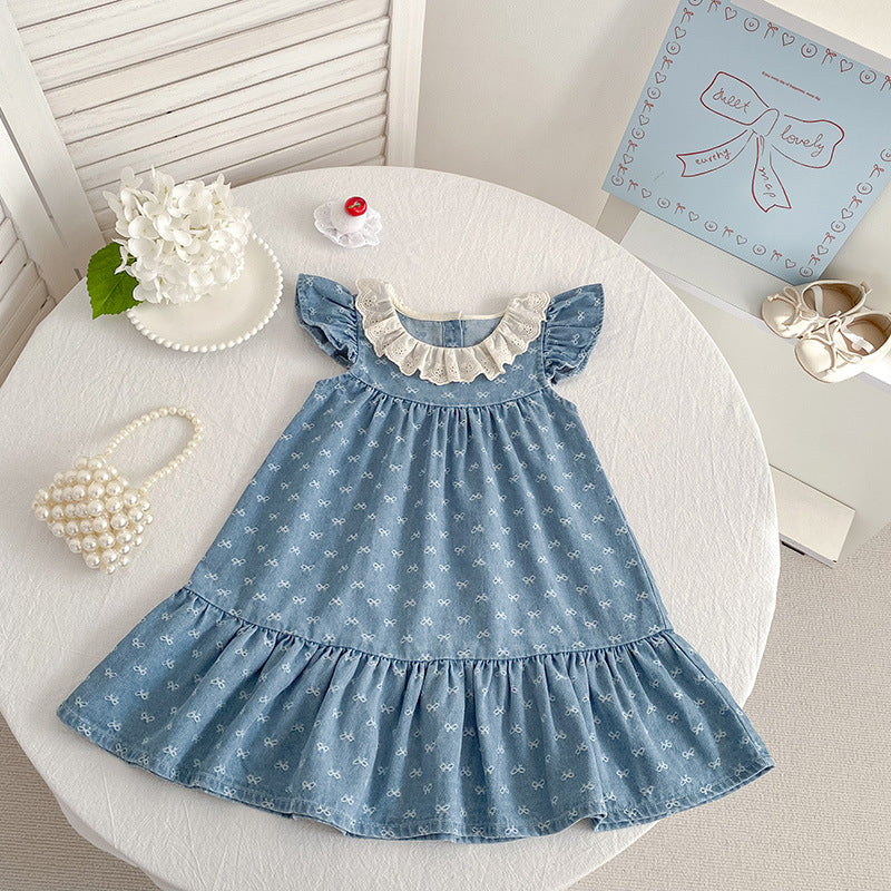 Summer Denim Bow Print Vest Crawling Suit Children's Dress