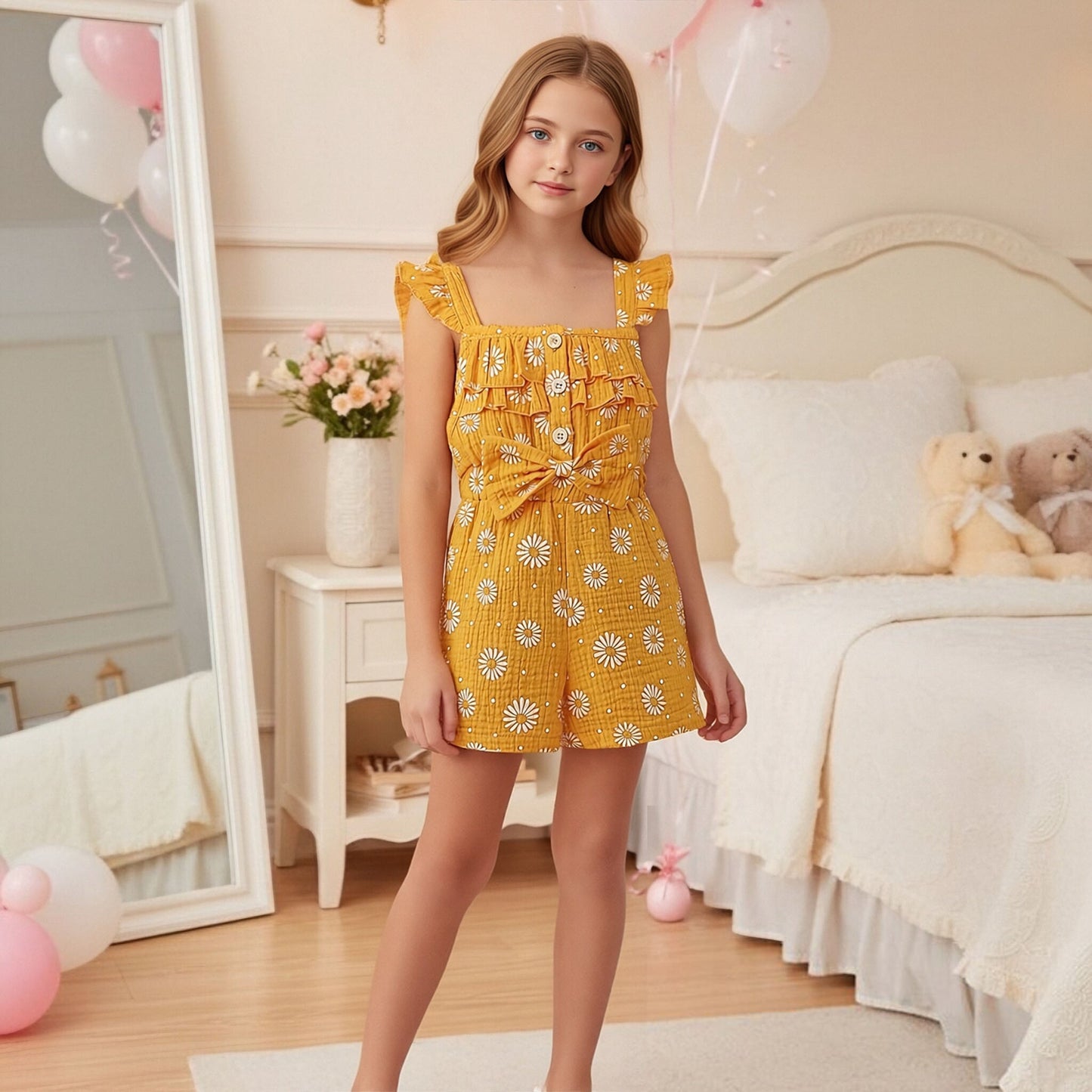 Children's Summer Full Print Little Daisy Flounced Sleeve Single-breasted Jumpsuit Children's Pants
