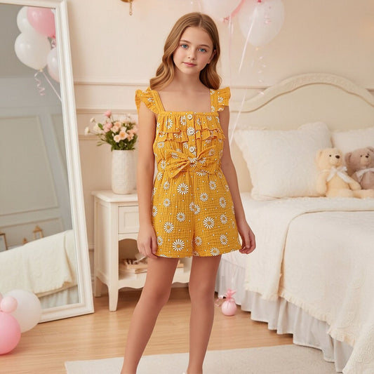 Children's Summer Full Print Little Daisy Flounced Sleeve Single-breasted Jumpsuit Children's Pants