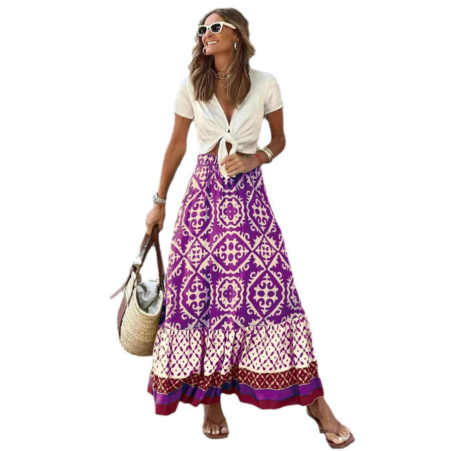 Women's Summer Printed Loose Stitching Large Swing Skirt