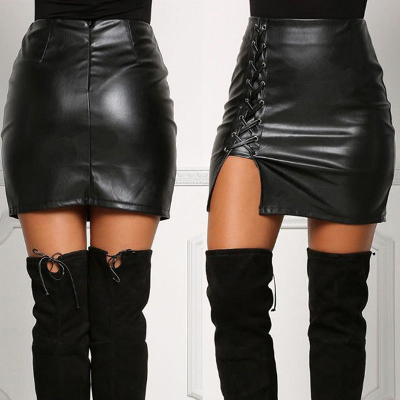 Women's Hemline At Hem Leather High Waist Skirt