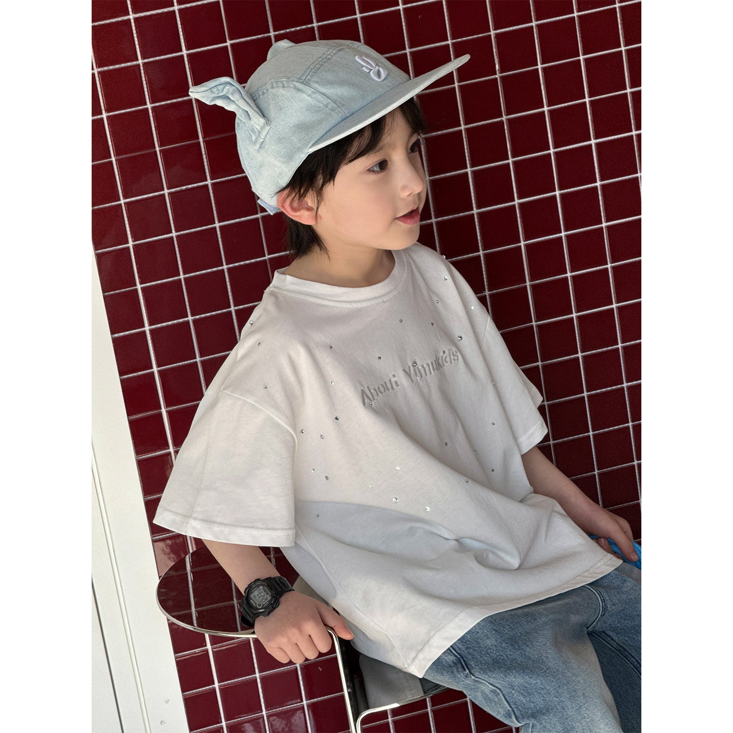 Children's Summer Trendy Top Hot Drilling Craft Round Neck Pullover Leisure Children's T-shirt