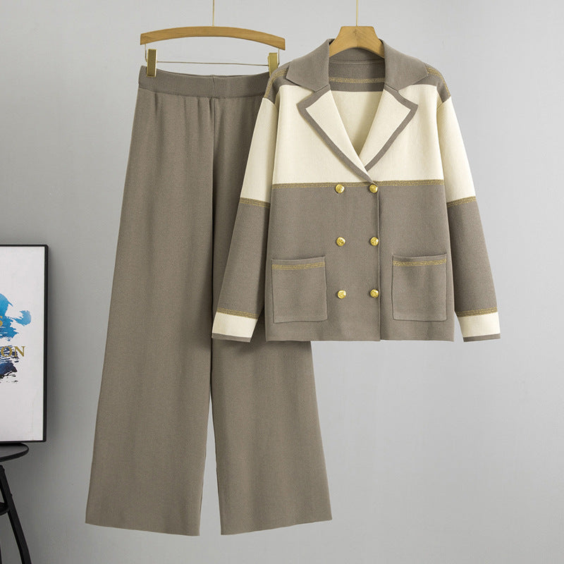 Women's Elegant Collar Double-breasted Knitted Wide Leg Two-piece Fashion Casual Suit