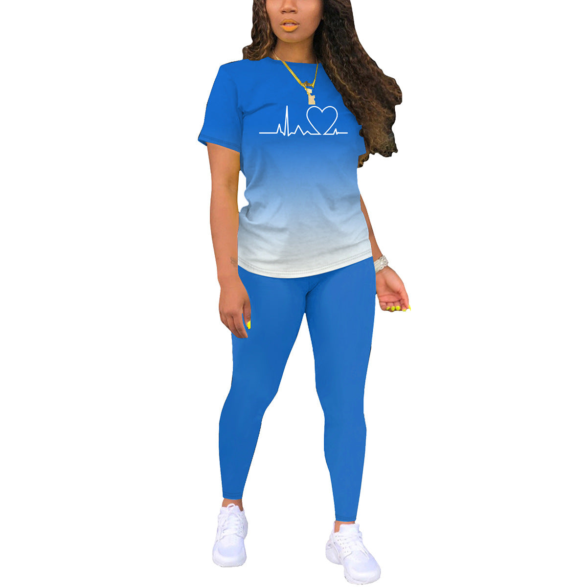 Women's Solid Color Gradient Printing Round Neck Sleeve T-shirt Fashion Casual Suit