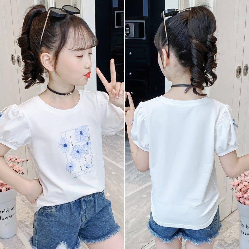 Children's Summer Clothes Western Style Puff Sleeve Top Medium Big Cotton Children's T-shirt