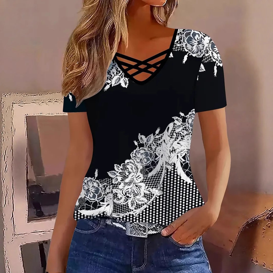 Women's Cross Striped Elegant Casual Short-sleeved Women's T-shirt