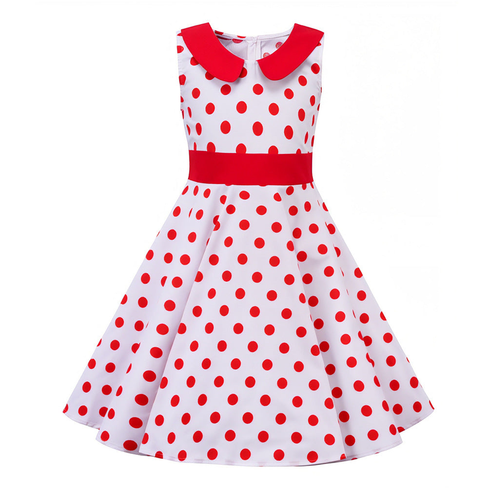 Retro Polka Dot Doll Collar Cinched Sleeveless Daily Children's Dress