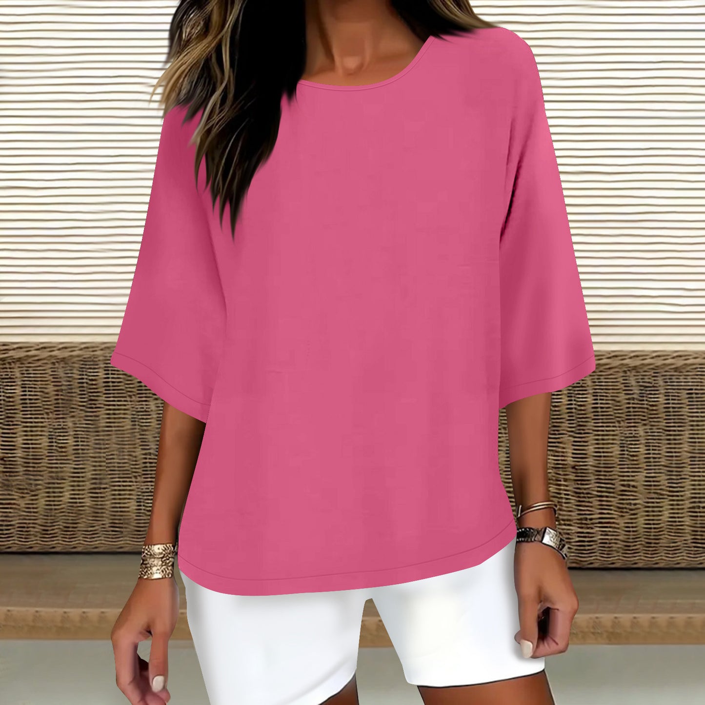Women's Three-quarter Sleeve Round Neck Cotton Linen Blouse