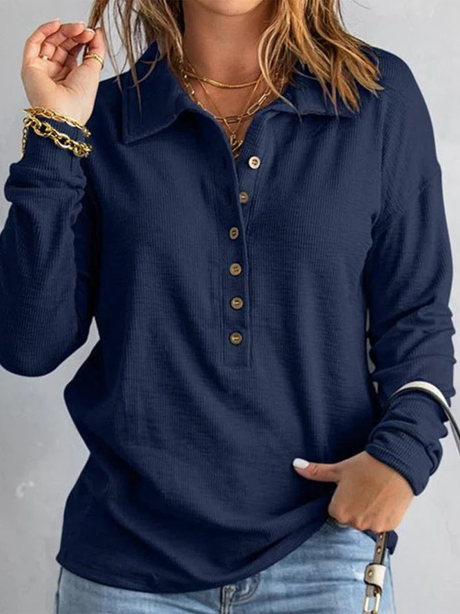 Women's Solid Color Single-breasted Lapel Long Sleeve Loose Casual Women's T-shirt