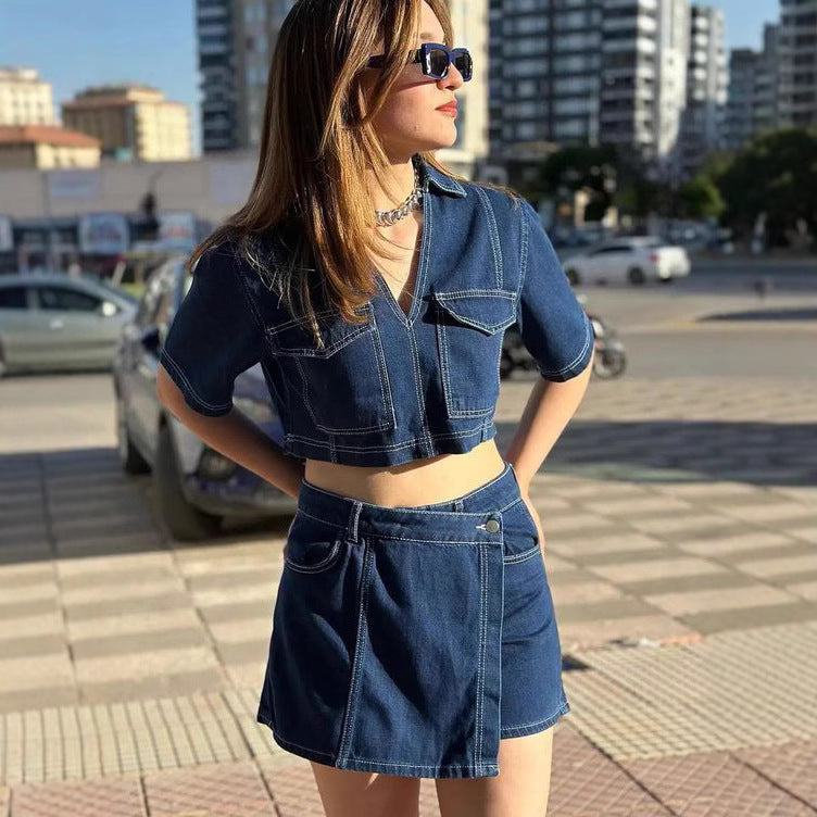 Double Breasted Pullover Denim Shirt High Shorts