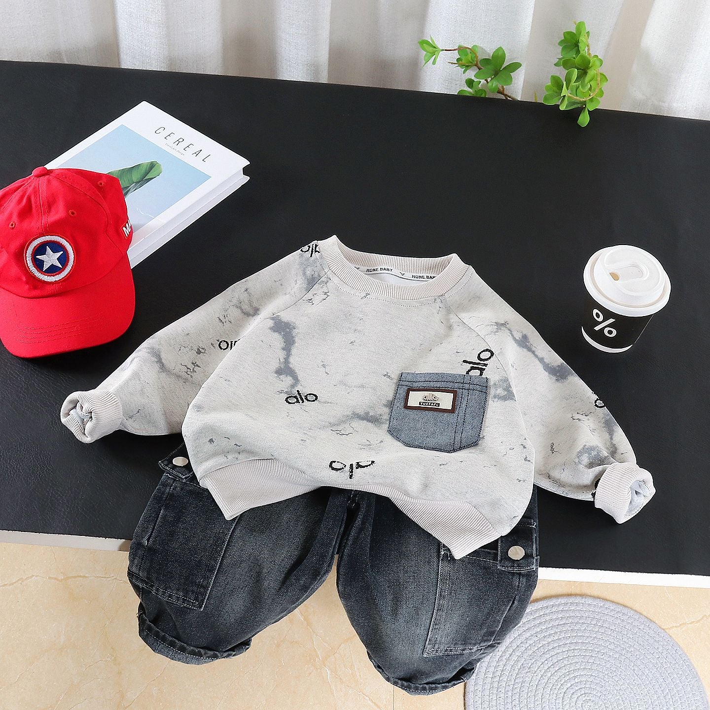 Spring Round Neck Letter Sweater Two-piece Set Handsome Clothes Casual Children's Suit