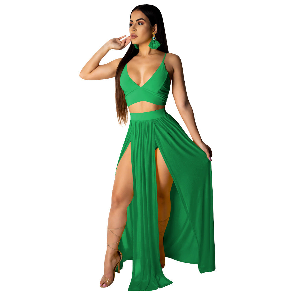 Summer Solid Color Suspender Split Chiffon Tops