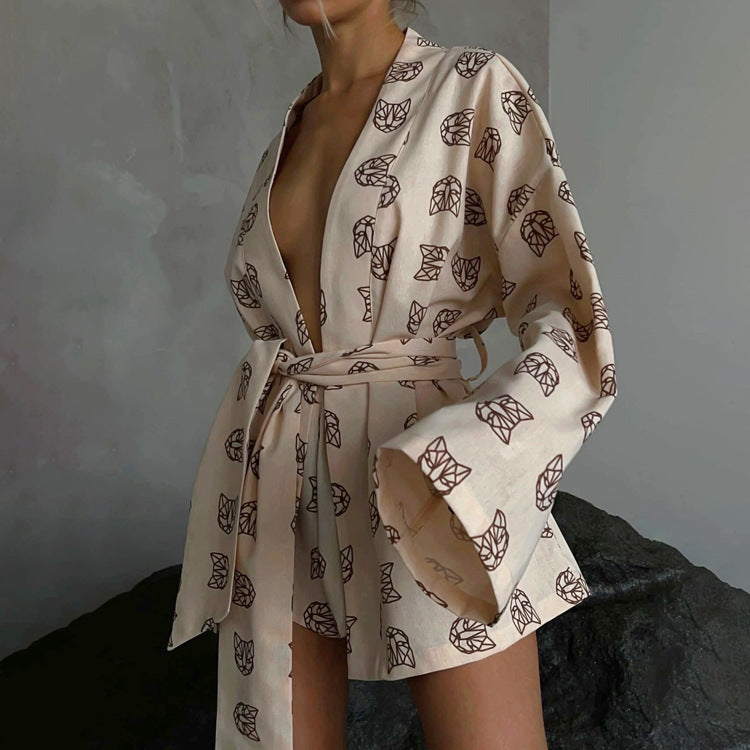 Women's Printed Wear Lace Up Long Sleeve Pajamas Fashion Casual Suit