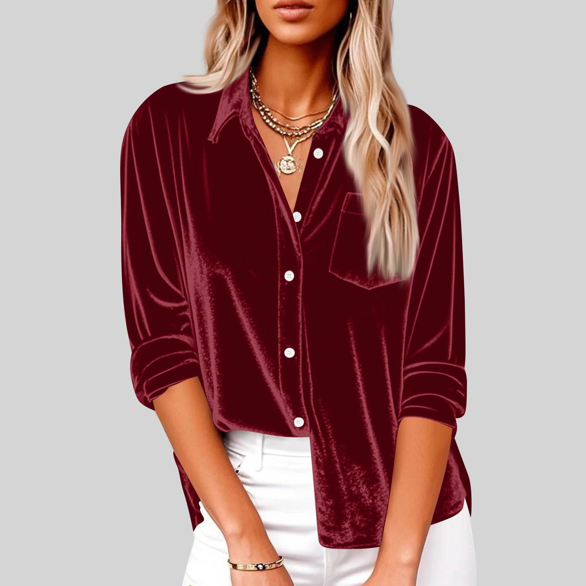 Women's Fashion Casual Long Sleeve Lapel Gold Veet Loose With Blouse