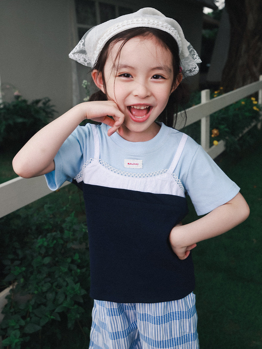 Children's Summer Mountain Outdoor Clothing Contrast Colors Lace Children's T-shirt