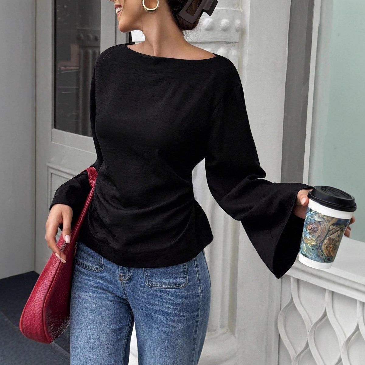 Casual Easy Matching Waisted Boat Neck Personality Street Trumpet Tops