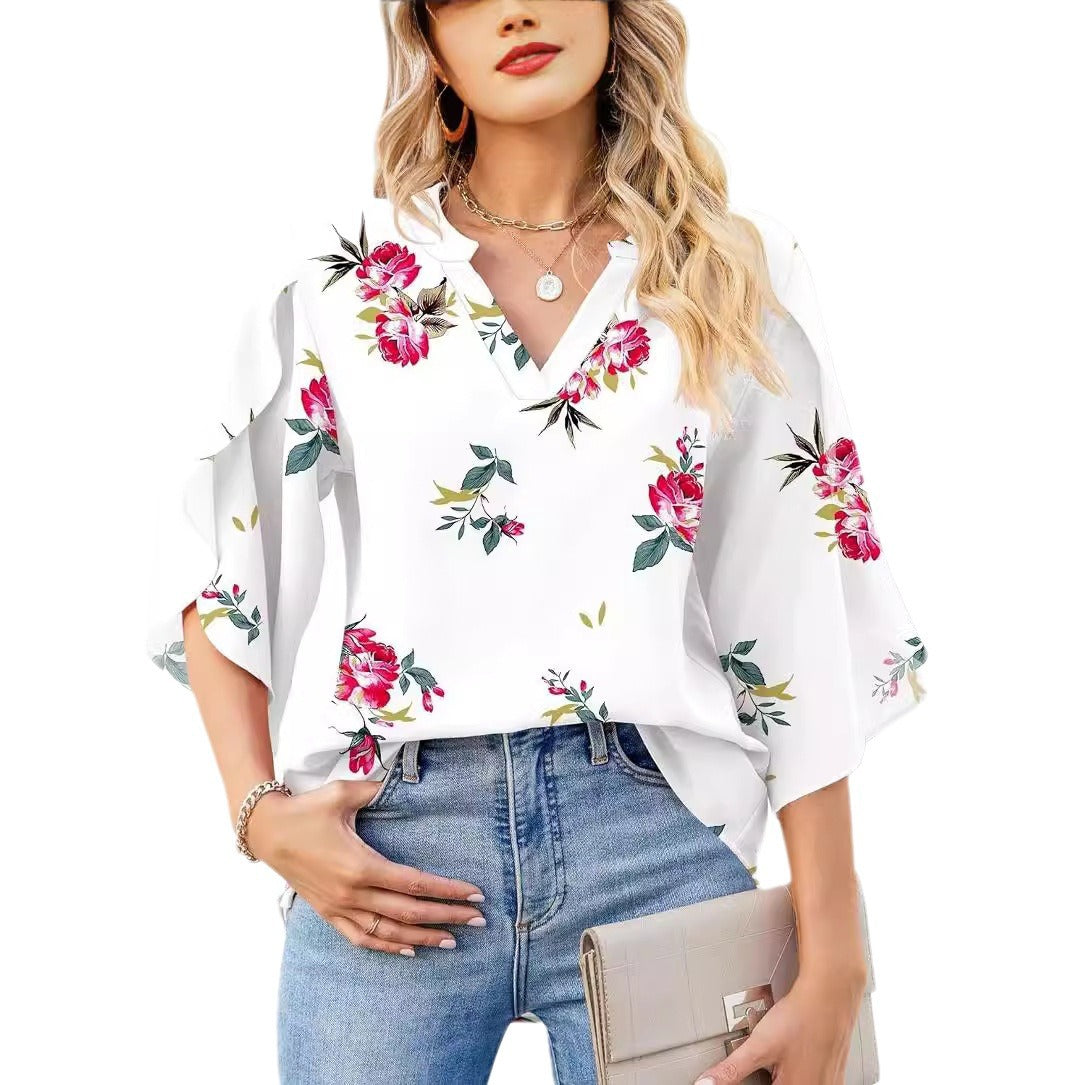 Glamorous Women's Printed Loose Petal Sleeve Lace Shirt, Chiffon Shirt