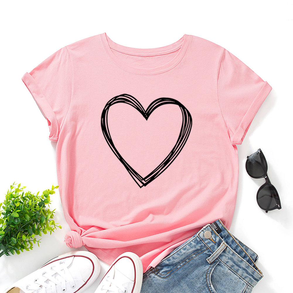 Women's Creative Heart Printed Loose Round Neck Women's T-shirt
