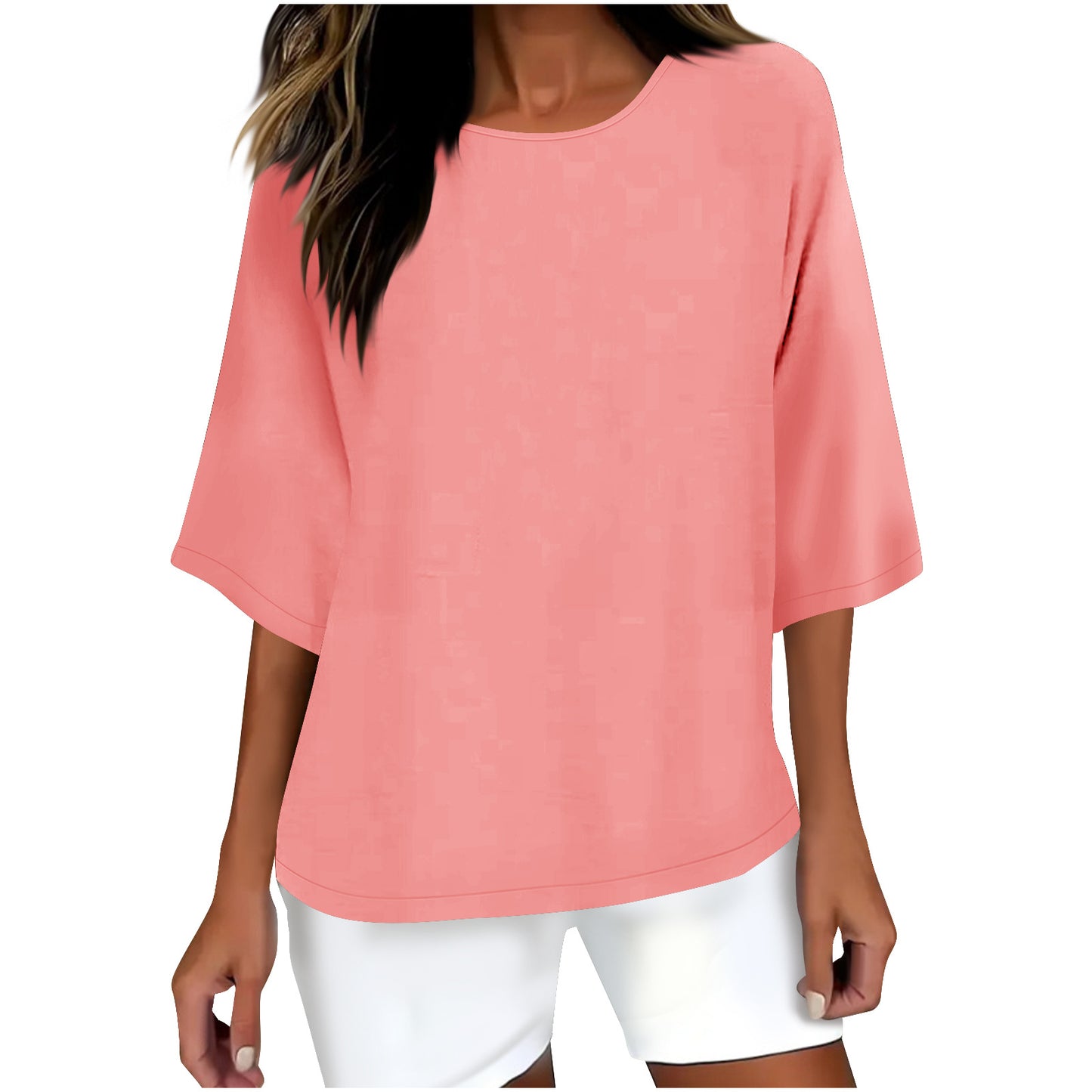 Women's Three-quarter Sleeve Round Neck Cotton Linen Blouse