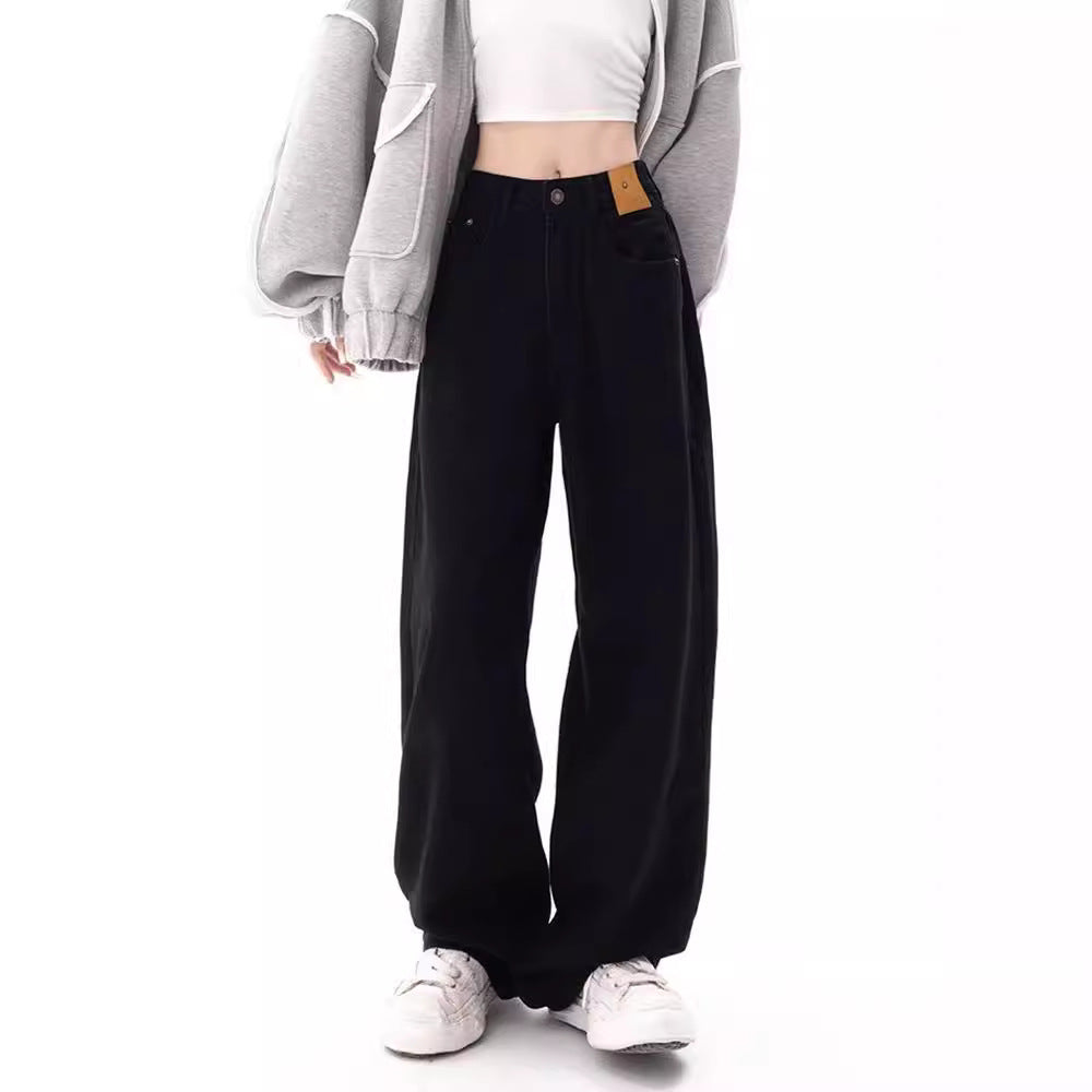 American High Street Black Straight Draping Autumn Waist Loose Leisure Jeans
