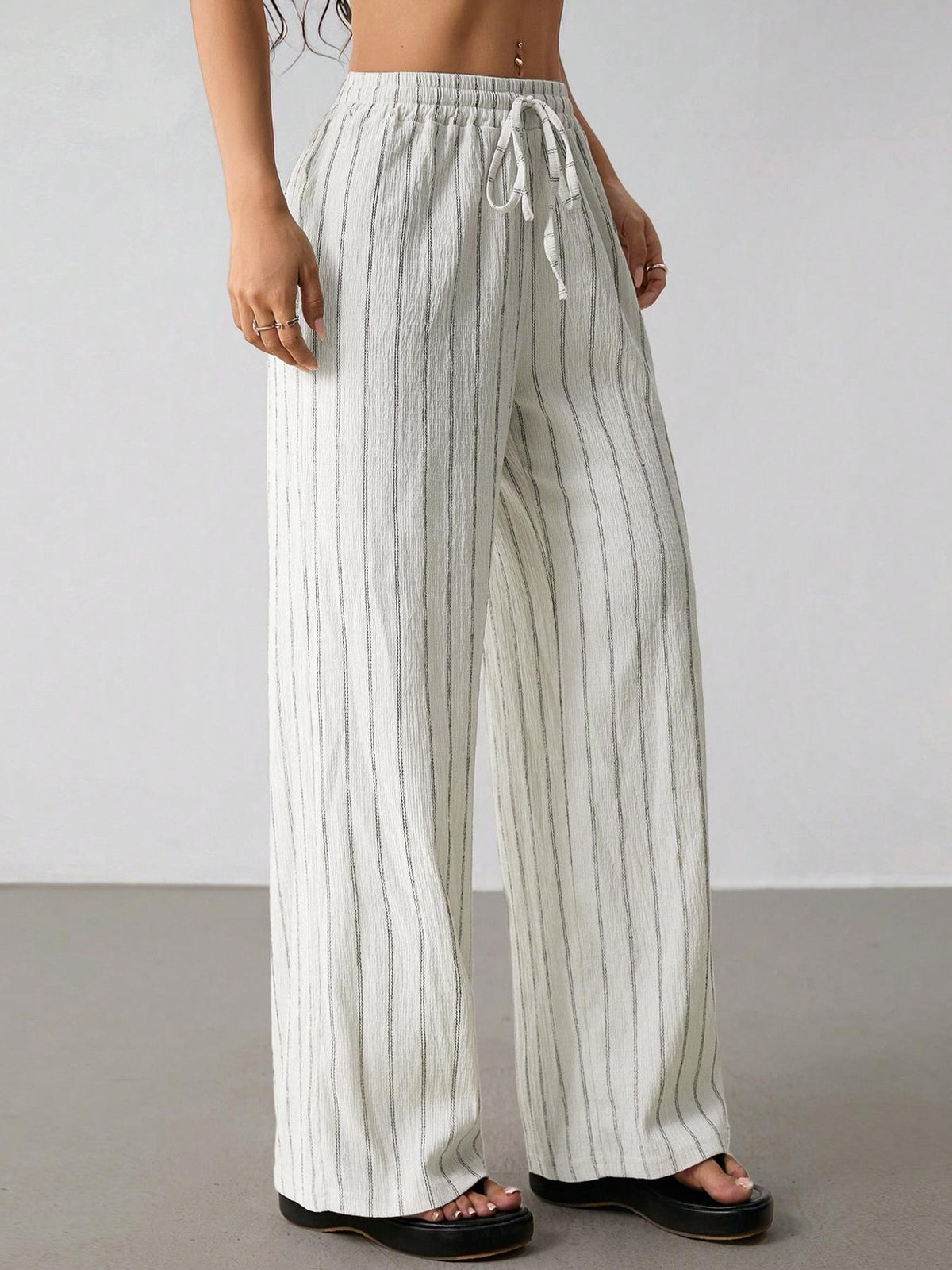 Women's Loose Striped Drawstring Elastic Waist Contrast Color Wide Leg Casual Pants