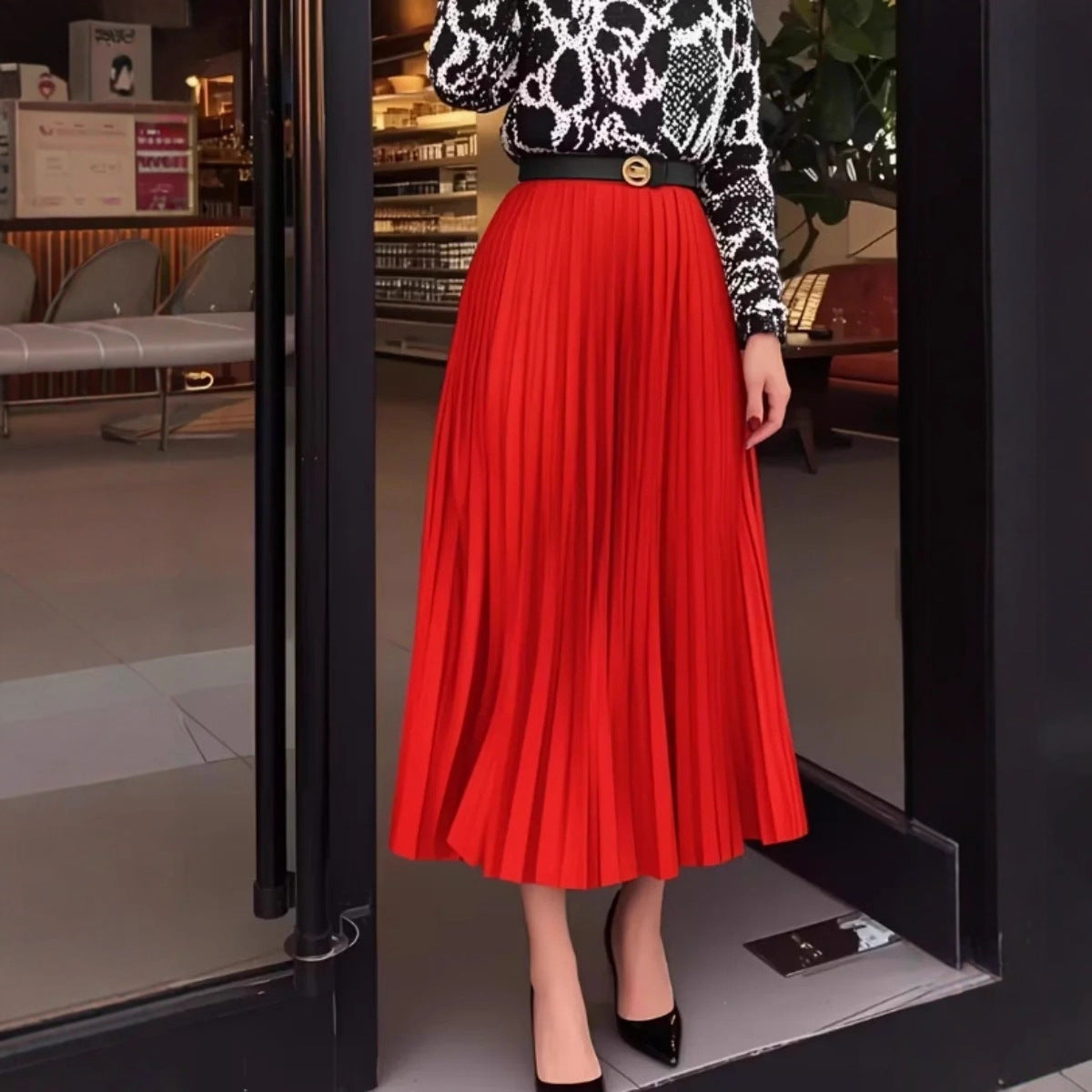 Women's High-grade Pleated Draping Effect Solid Color Wide Hem Skirts