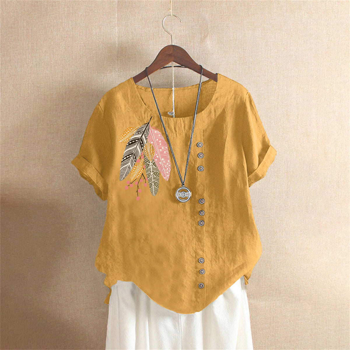 Women's Summer Retro Large Casual Loose Cotton Linen Sleeve Women's T-shirt
