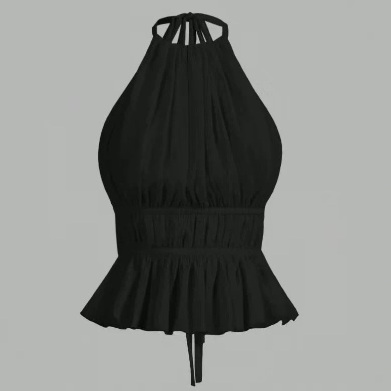 Women's Sweet Spicy Chiffon Solid Color Round Neck Pleated Halter Tops