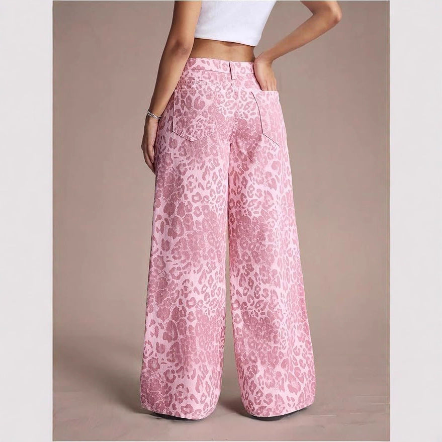 Women's Pink Leopard Summer Fashion Loose Casual Straight Pants