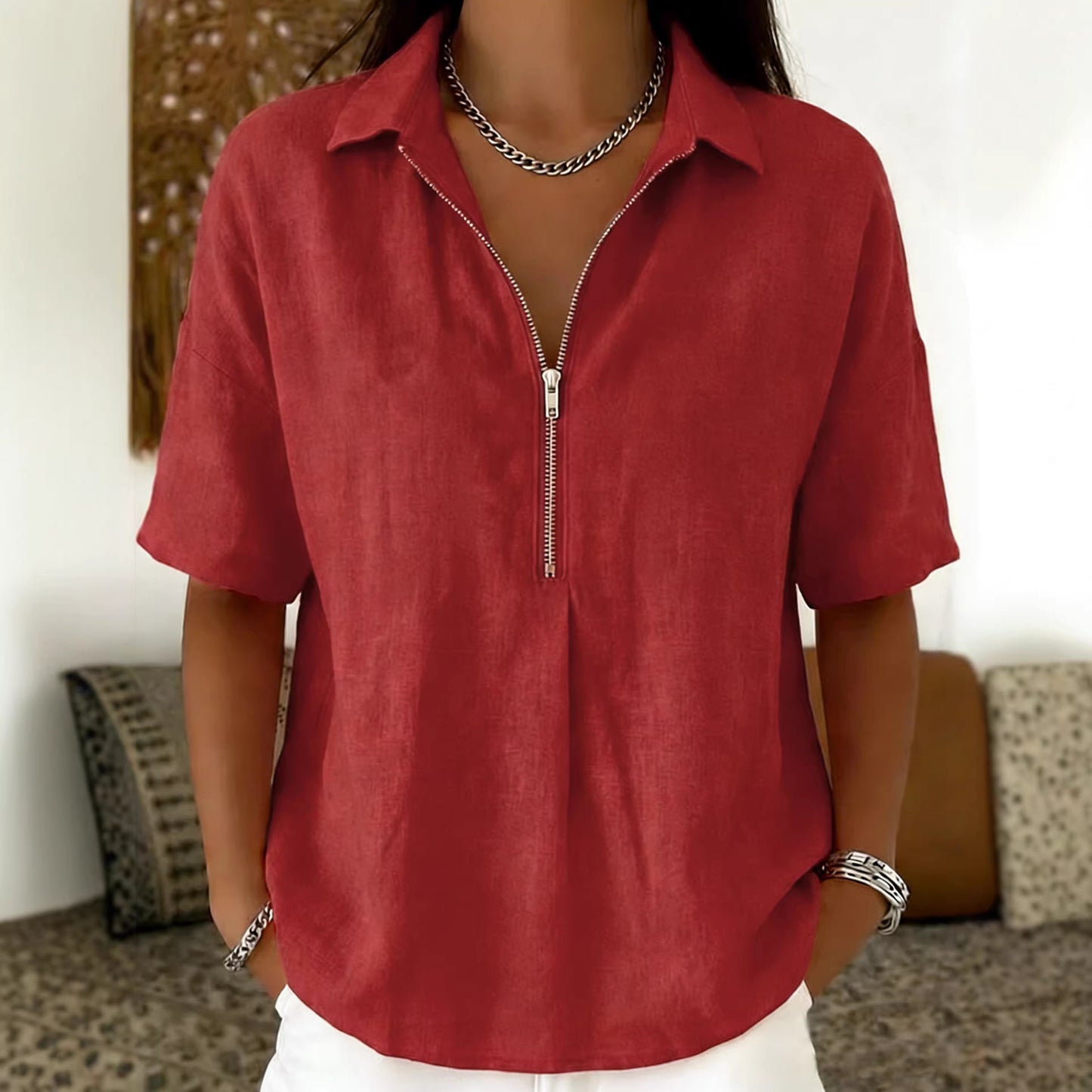 Women's Summer Shirt Fashion Solid Color Zipper Women's T-shirt