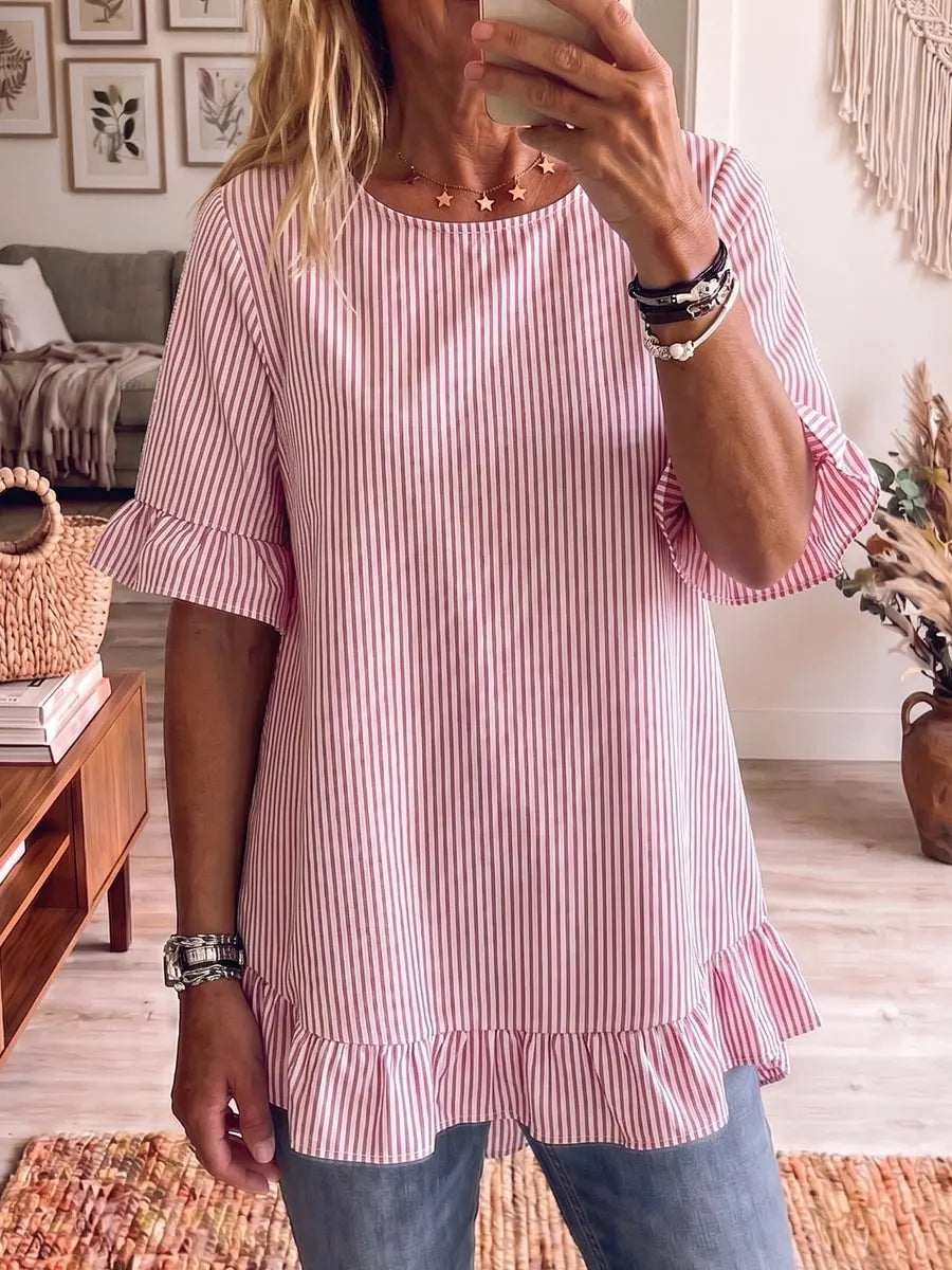 Women's Summer Sleeve Striped Loose Casual Ruffled Women's T-shirt