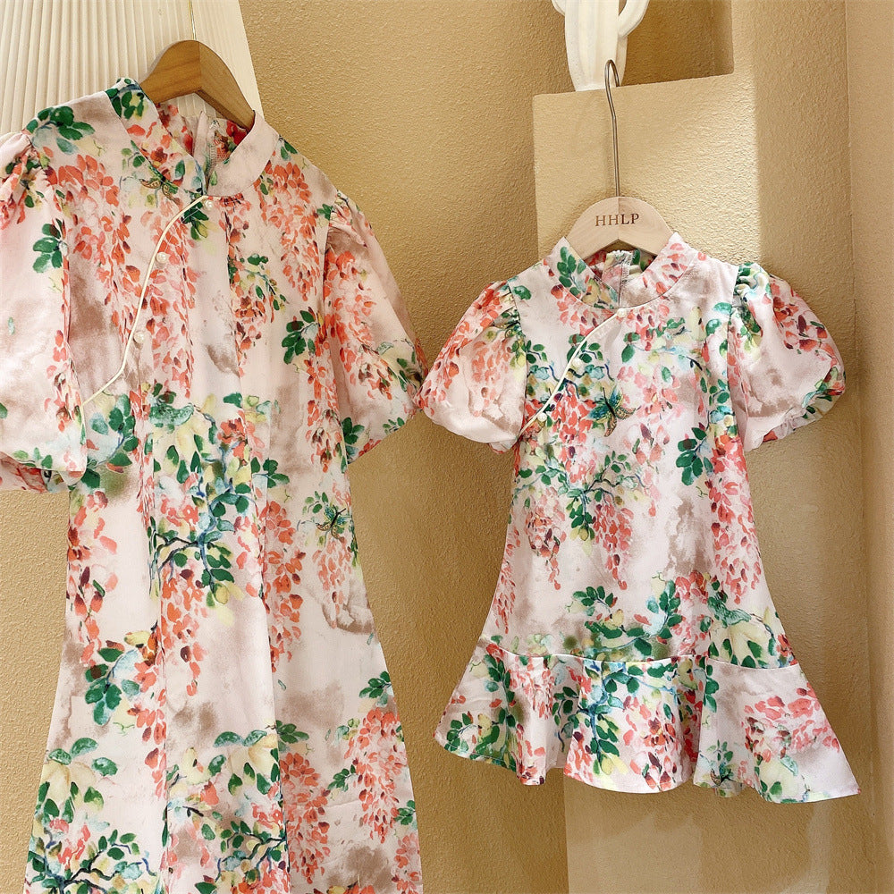 Southern Retro National Style Improved Chiffon Puff Children's Dress