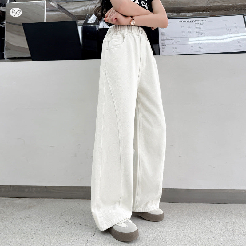 Children's Cotton Summer Medium Large White Narrow Leather Tag Stitching Children's Pants