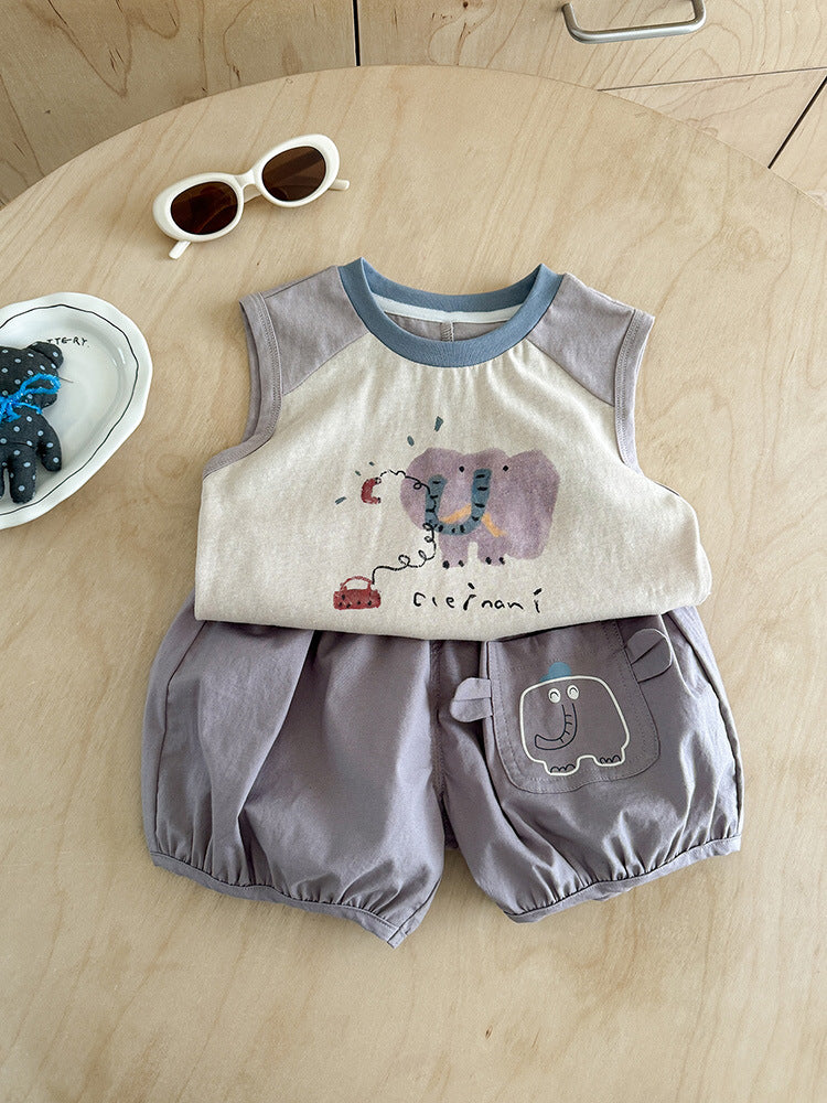 Summer Cartoon Sleeveless T-shirt Shorts Two-piece Set Clothes Children's Suit