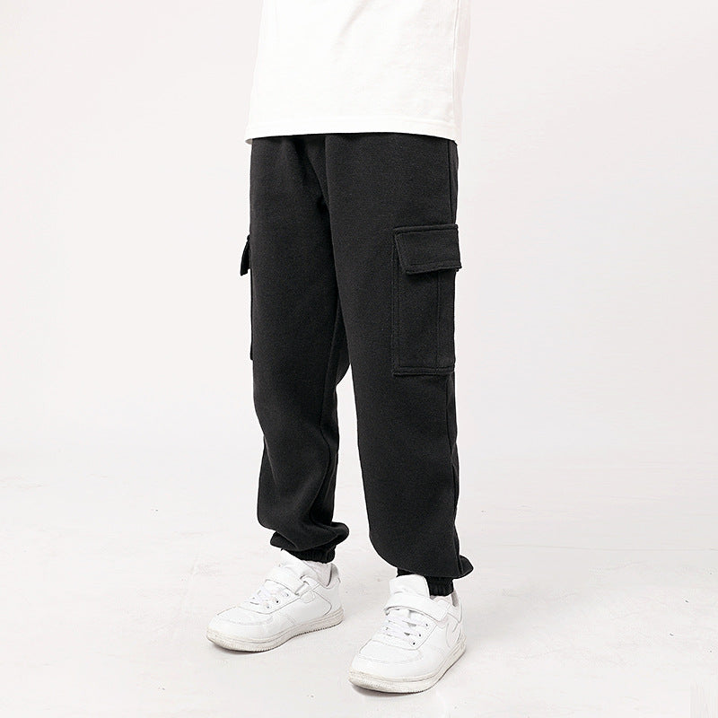 Korean Style Boys Medium Big Solid Color Sports Overalls Female Children's Pants