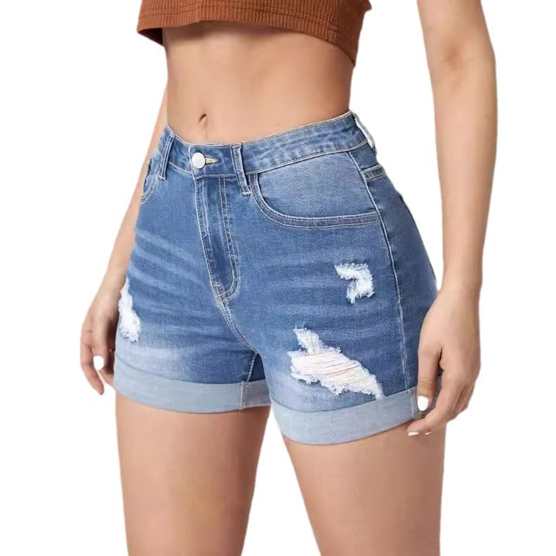 Women's Ripped Curling High Elastic Waist Denim Hot Women's Jeans