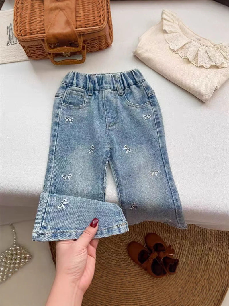 Western Style Exquisite Embroidered Bow Bell-bottom Children's Pants