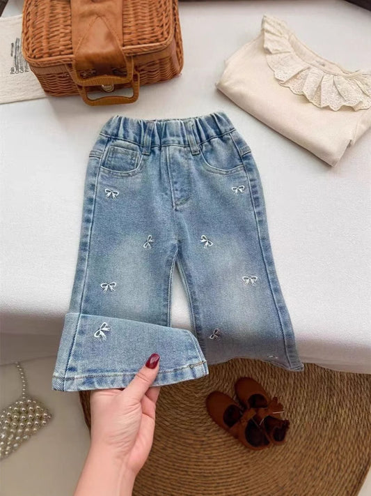 Western Style Exquisite Embroidered Bow Bell-bottom Children's Pants