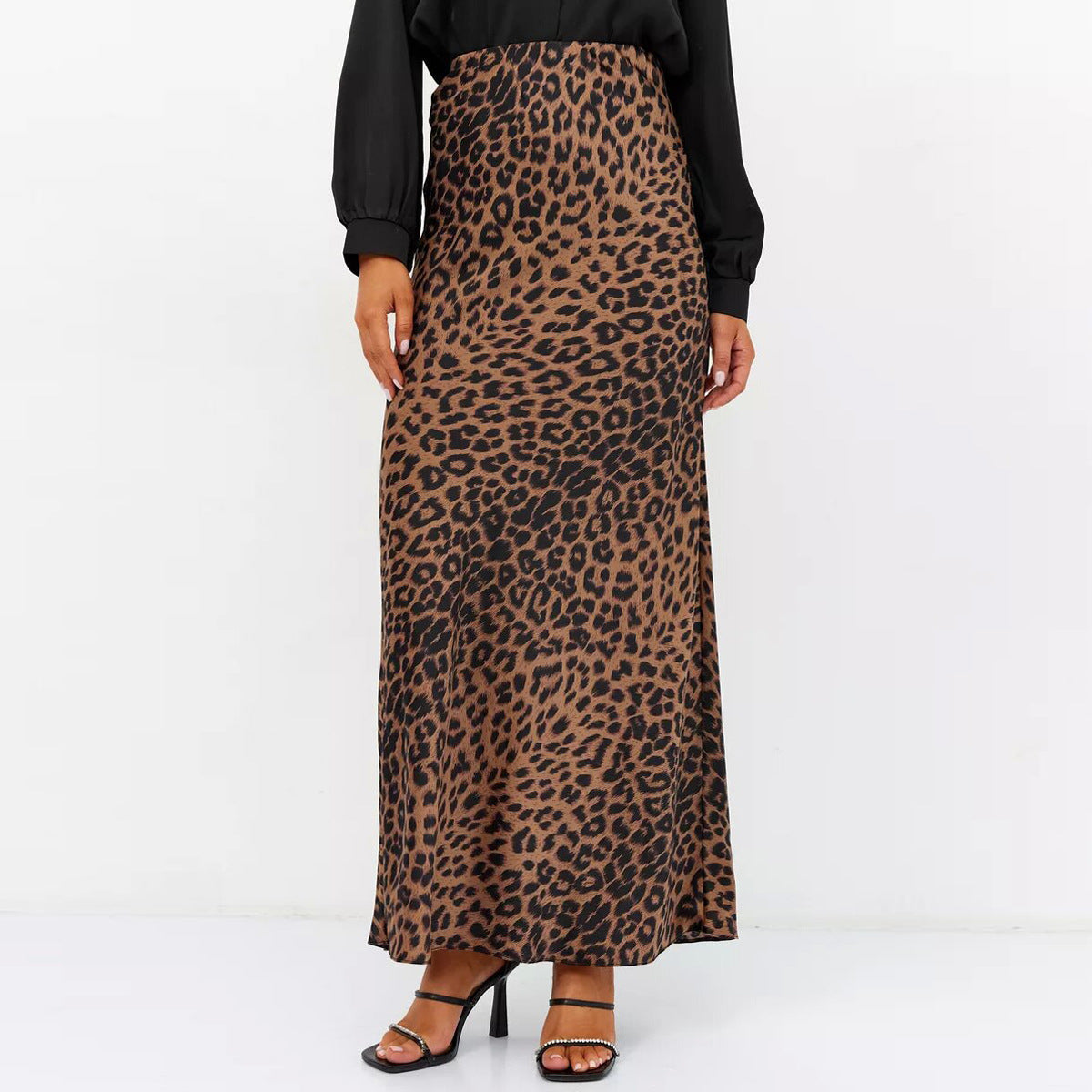 Satin Leopard Print Long Elastic Silky High Skirt