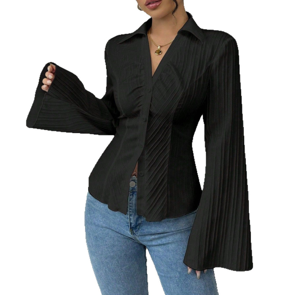 Women's European Elegant Single-breasted Solid Color Striped Blouse
