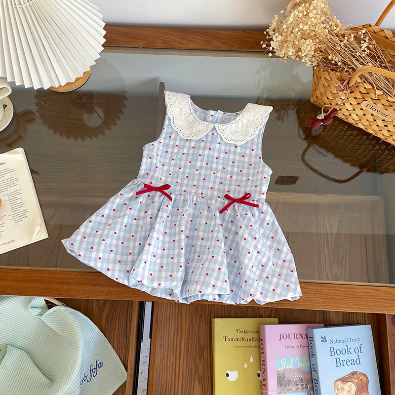 Women's & Children's Summer Blue Plaid Heart Printing Vest Children's Dress
