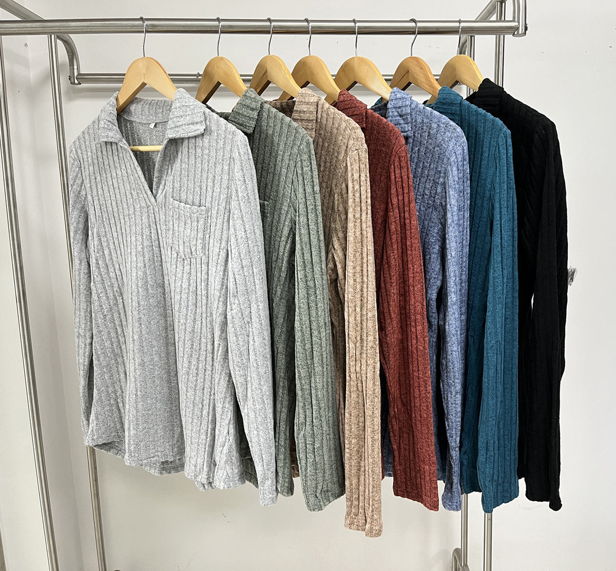 Women's Solid Color Polo Collar Pocket Long Sleeve Tops