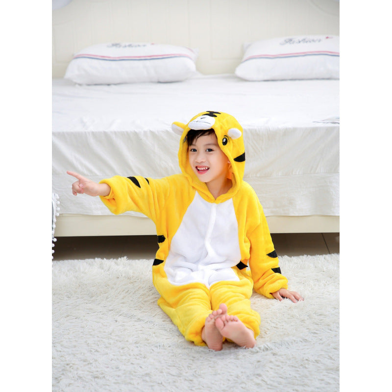 Children's Black Cat Leopard Print Flannel Cartoon One-piece Pajama Jumpsuit, Climbing Suit