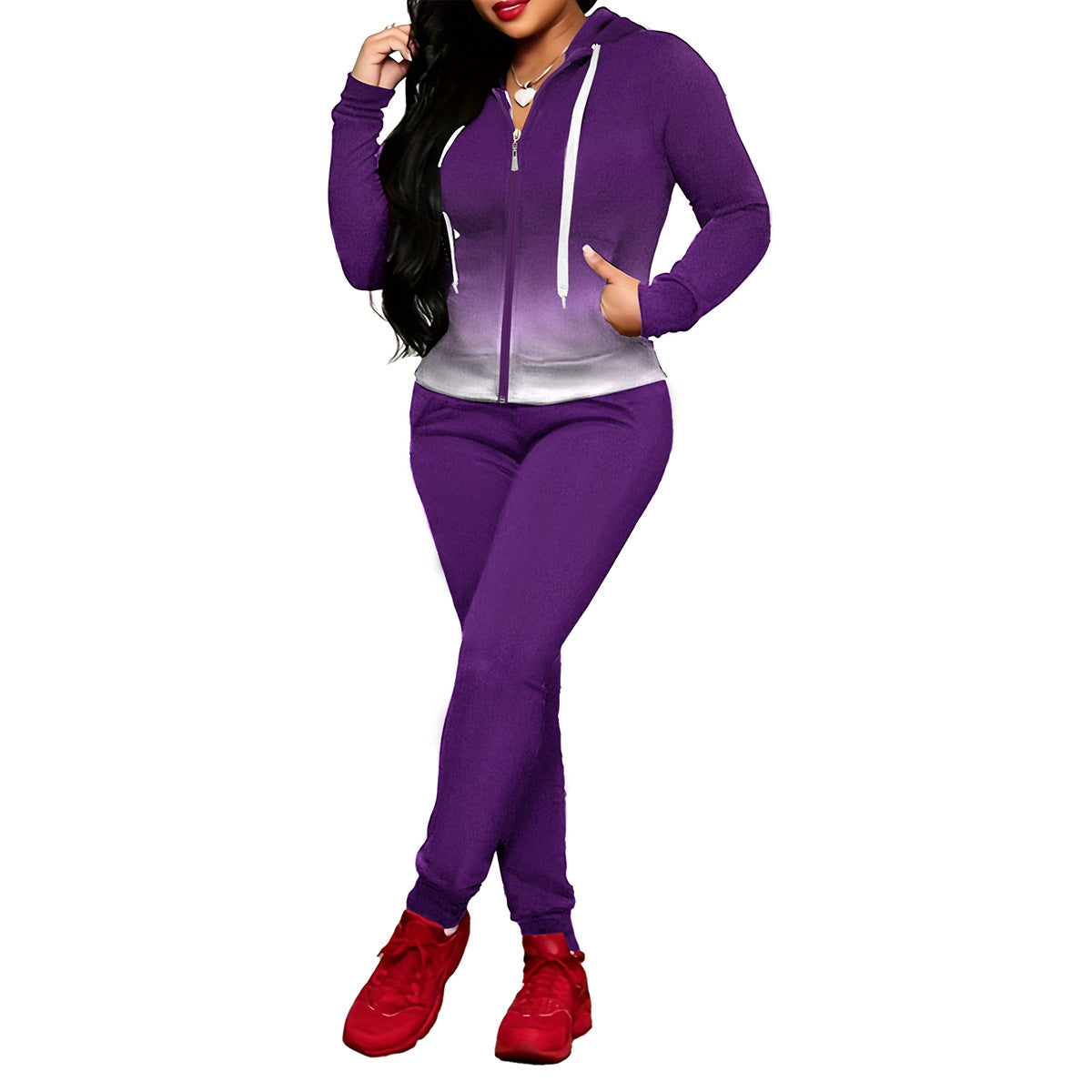 Women's Round Neck Zipper With Trousers Two-piece Set Suits