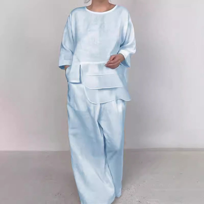 Neck Satin Layered Design Wide Leg Blouses