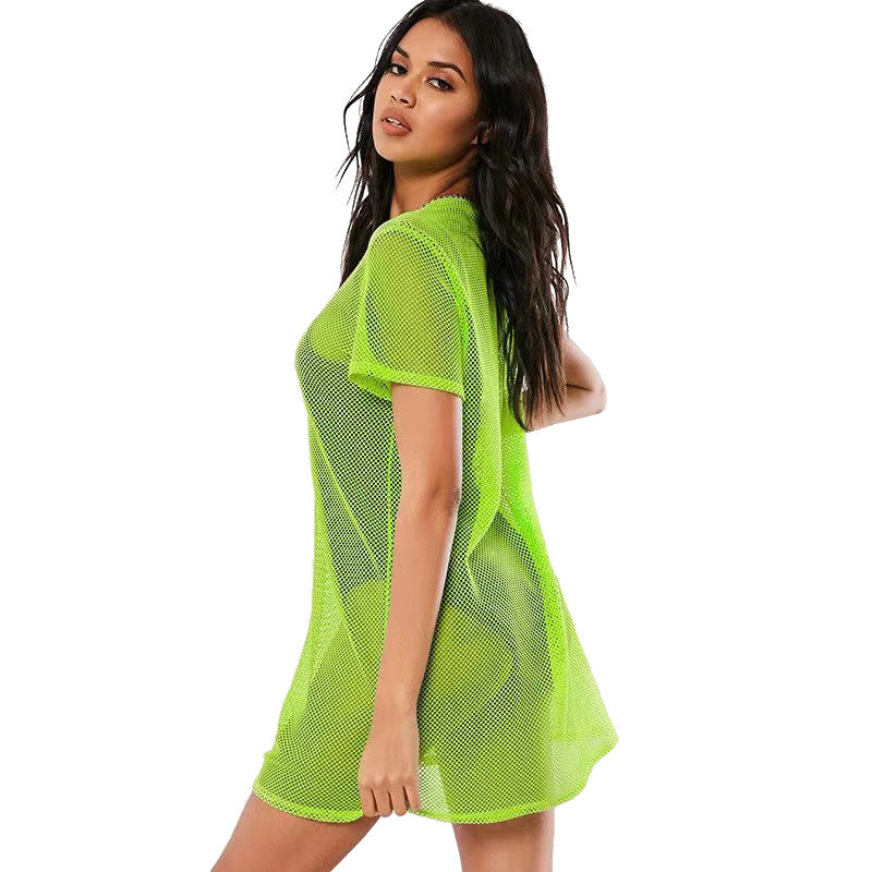 Women's Sexy Cutout Mesh Hot Fluorescent Swimsuit Base Dress Lace Shirt, Chiffon Shirt