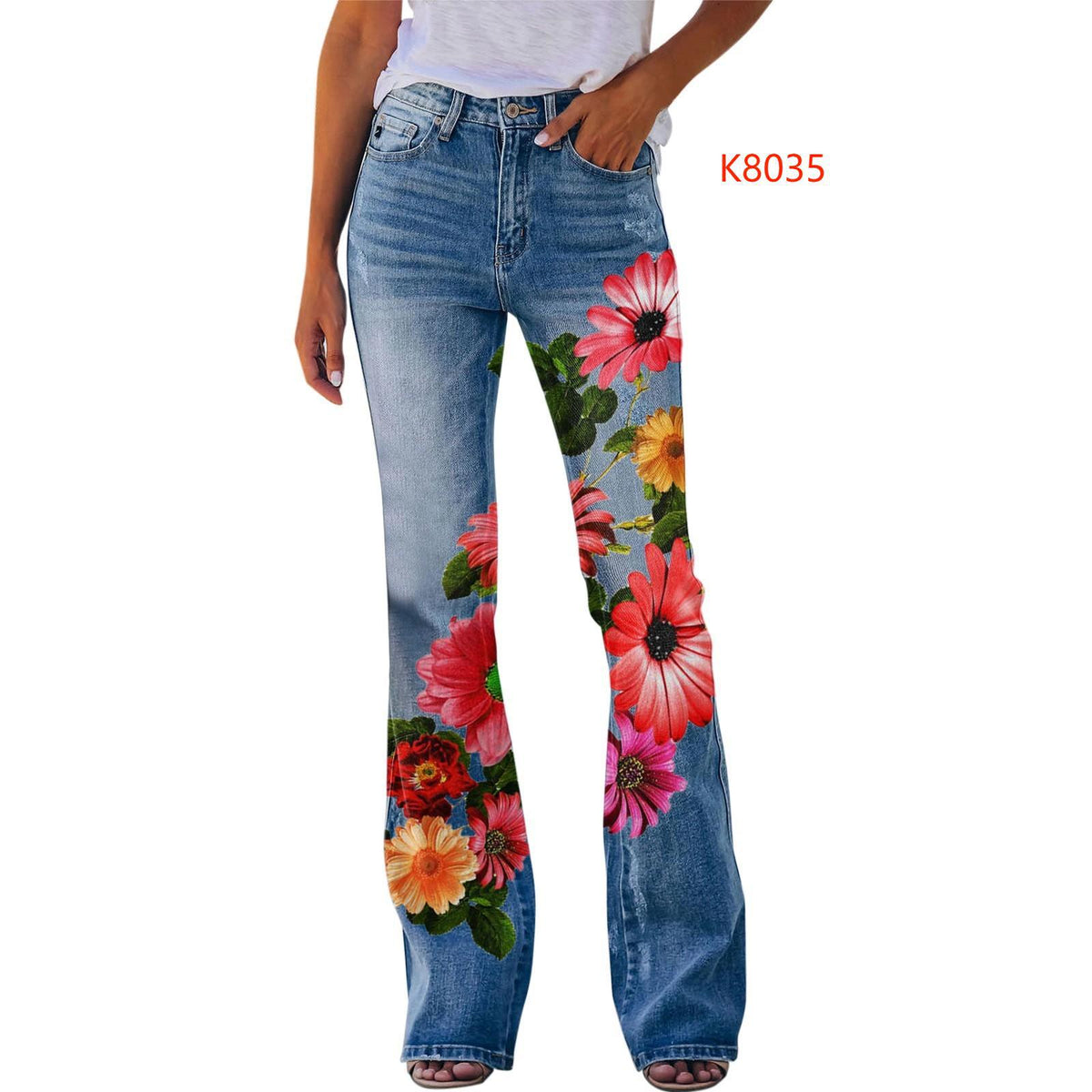 Women's Large Casual Imitation Denim Bell-bottom Floral Pants