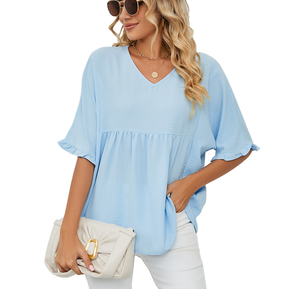Women's Summer Solid Color Loose Pleated Stitching Half Lace Shirt, Chiffon Shirt